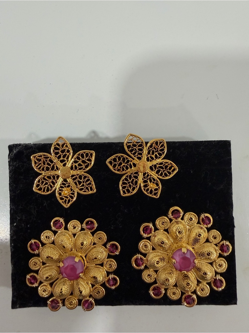 Gold-Tone Floral Filigree Earrings with Pink Gem Accents - Set of 2 Pairs
